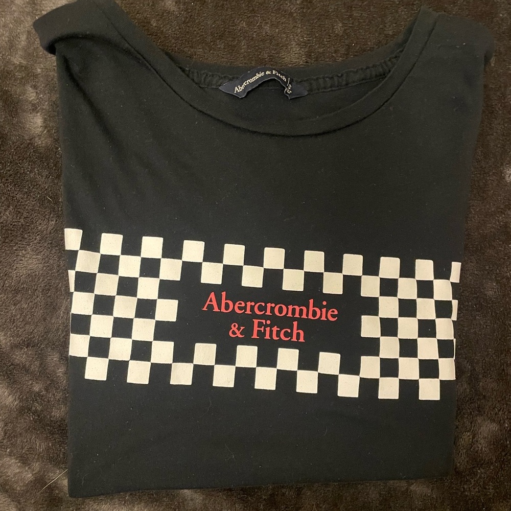 Abercrombie & Fitch Black Tee with Cream Checker and Red Logo
